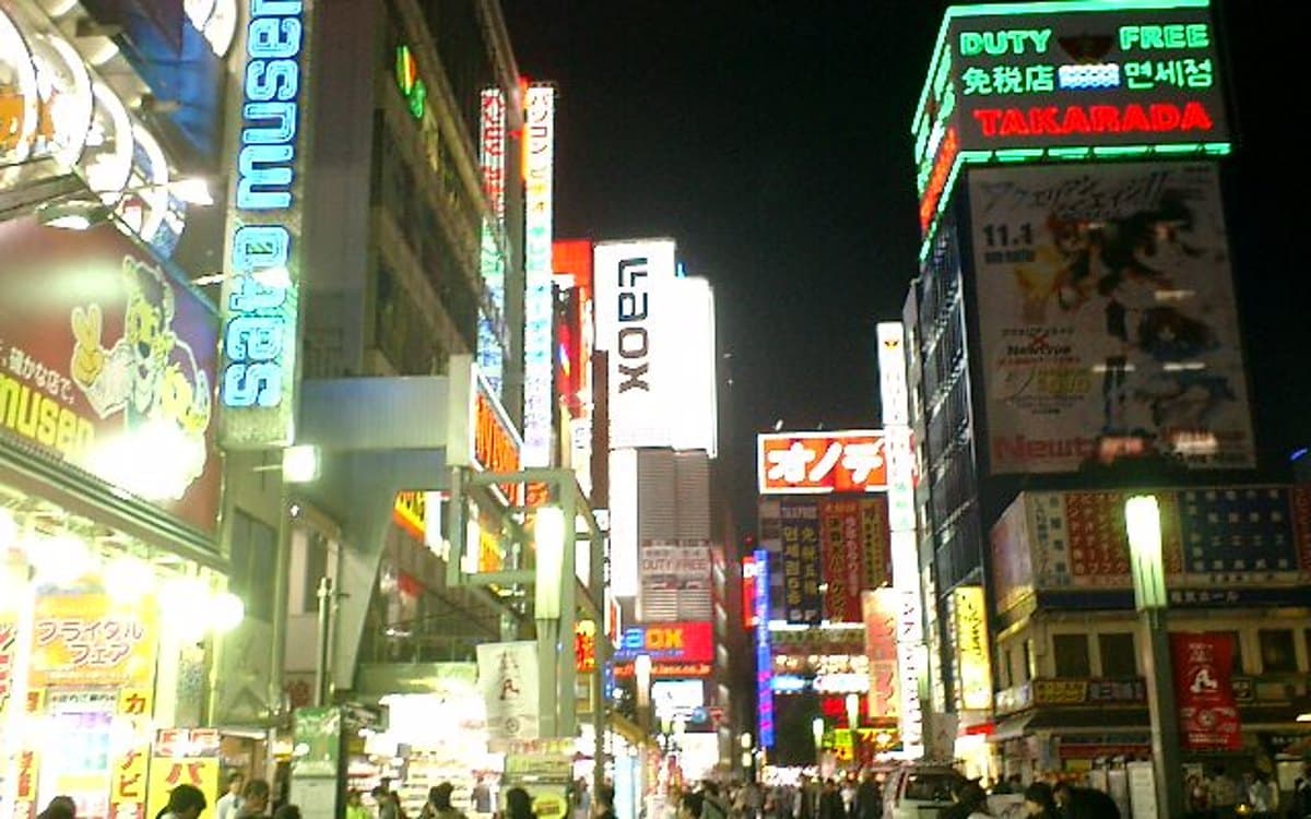 Neon signs over a street in Akihabara at night