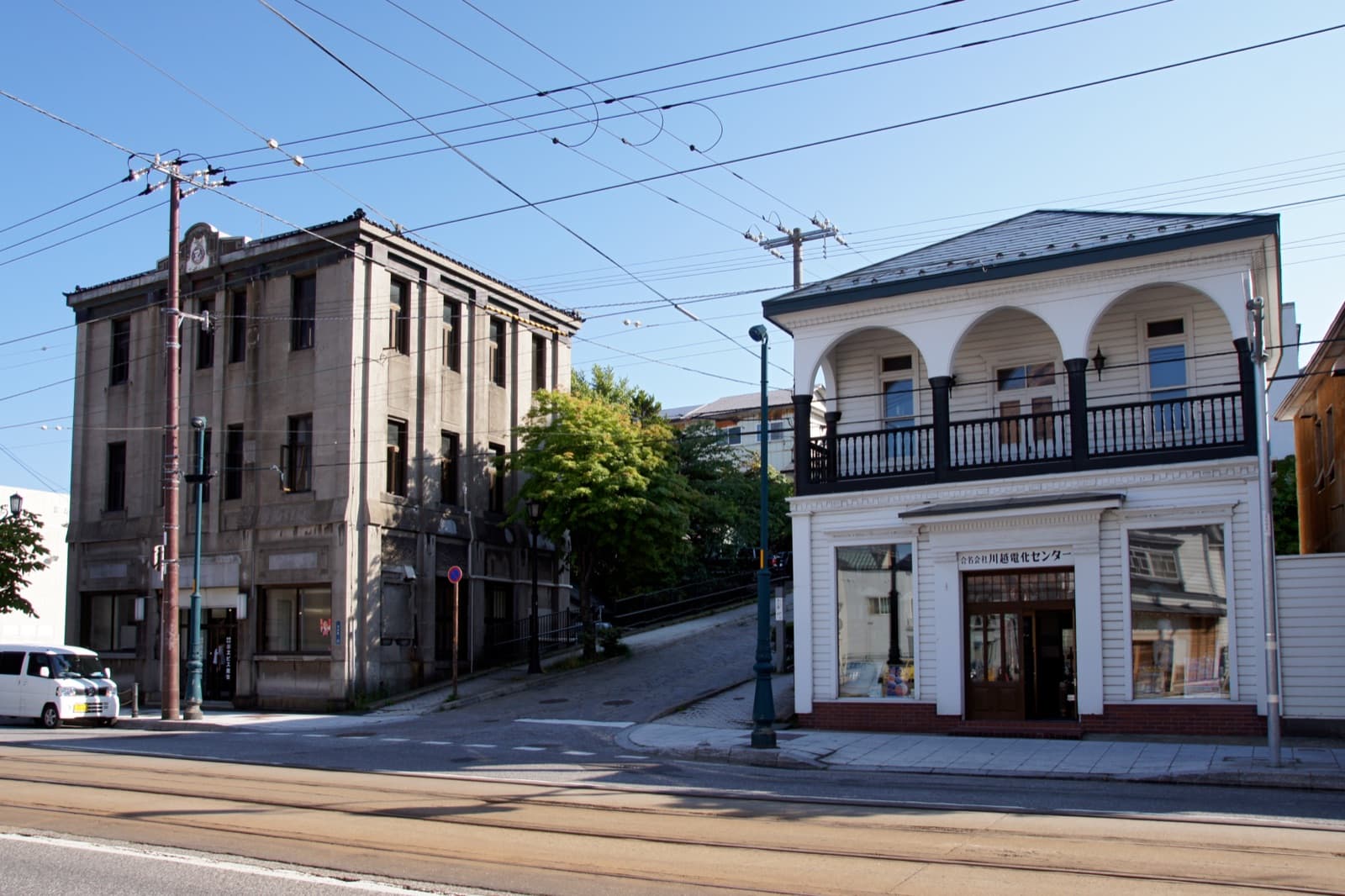 A sloped street in Hakodate's historic Motomachi district