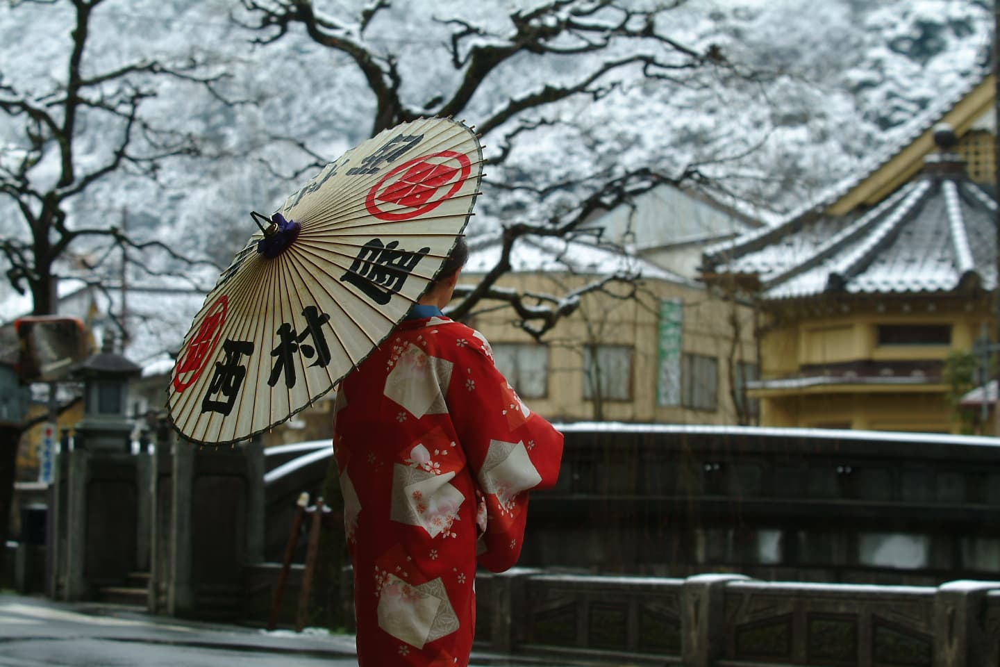 Kinosaki Onsen's canal street in winter, Hyogo Prefecture