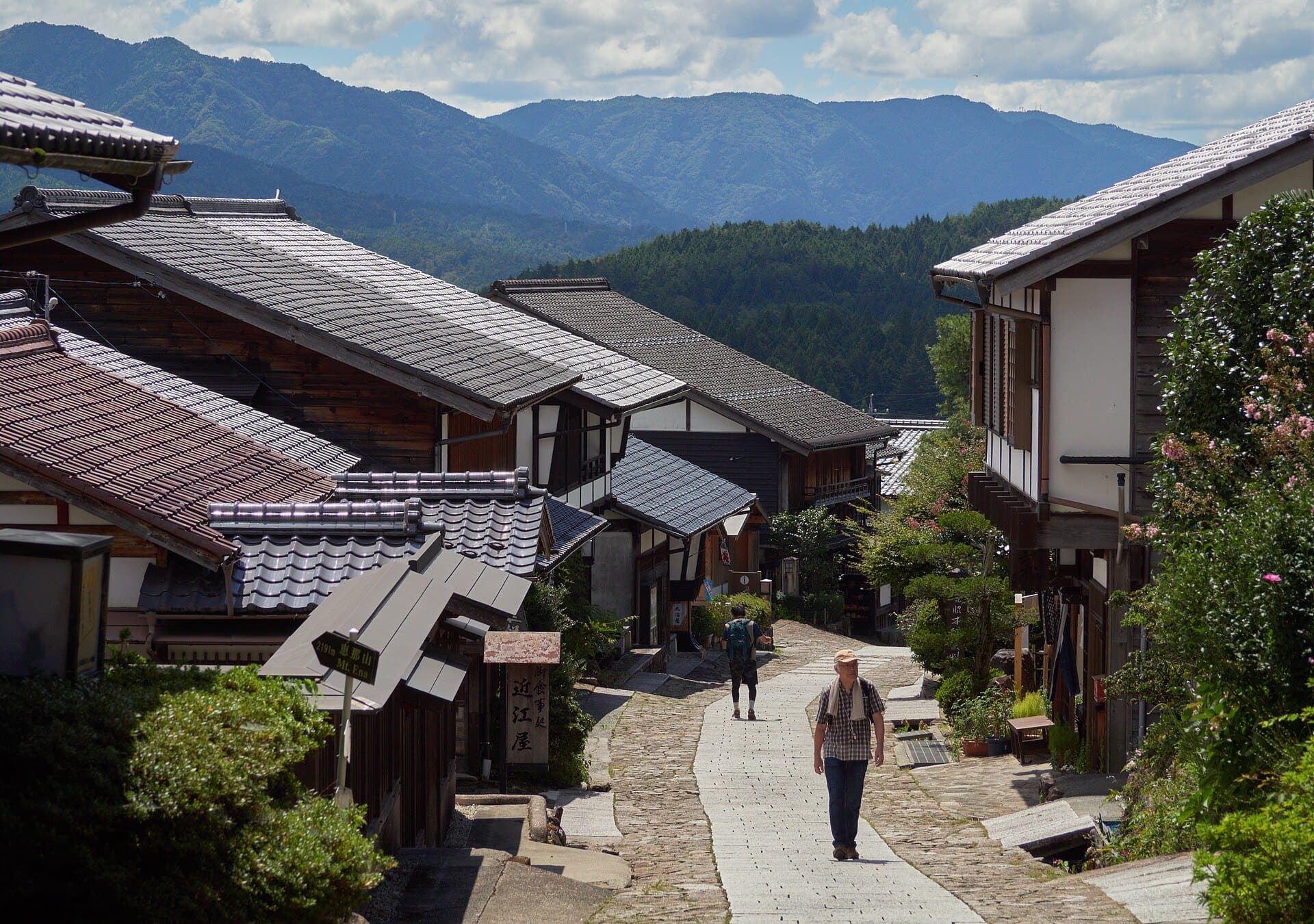 The sloping street through Magome-juku, with wooden buildings and shops