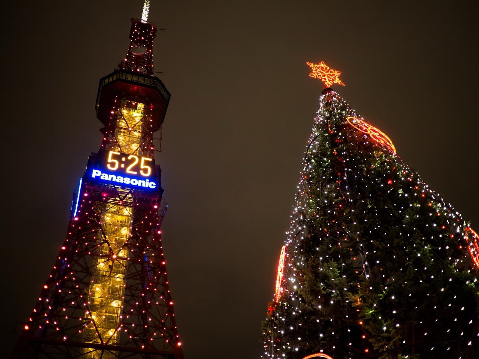 Sapporo TV Tower and a Christmas tree lit for the White Illumination
