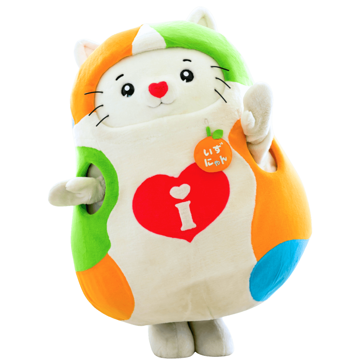 Izunyan, a white cat mascot in an orange-and-green hood with a heart-shaped nose and a red heart on its belly, official mascot of Izumiya
