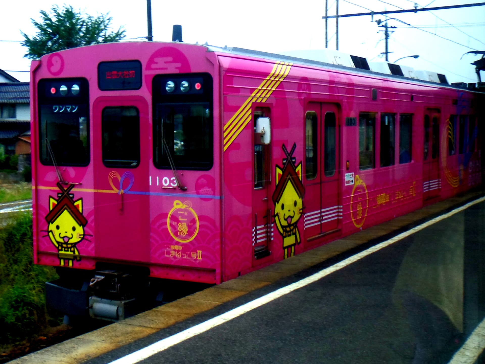 A pink train wrapped in Shimanekko mascot livery on the Ichibata Electric Railway in Shimane Prefecture